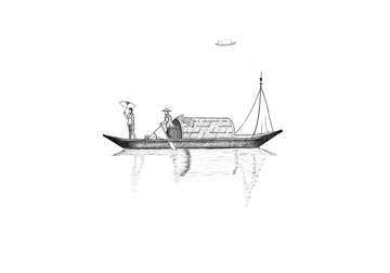 渔船水中倒影速写手绘