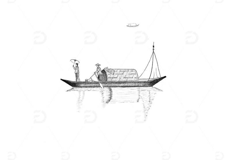 源文件下载【趣麦麦图】-渔船水中倒影速写手绘