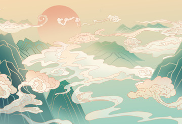 国潮中国祥云山水电商海报场景