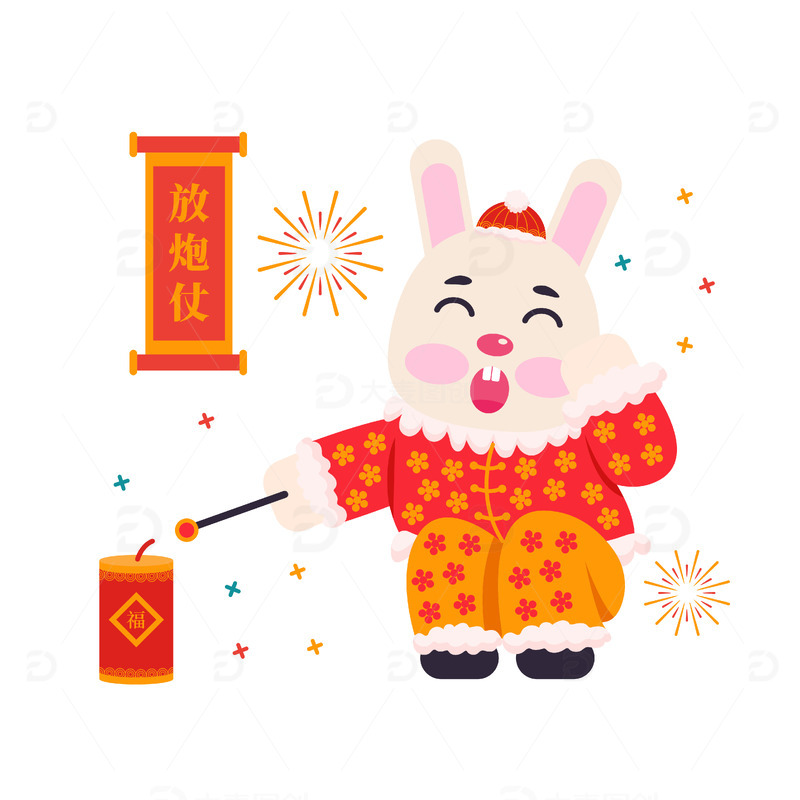 新年兔子放炮仗元素