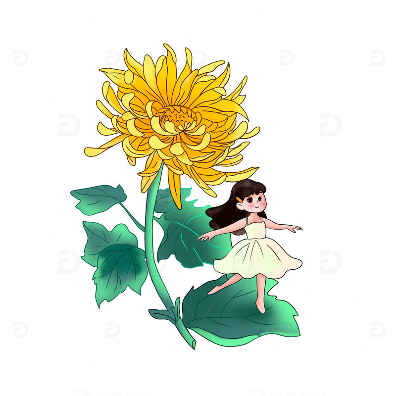 源文件下载【趣麦麦图】手绘菊花跳舞少女图小精灵花仙子