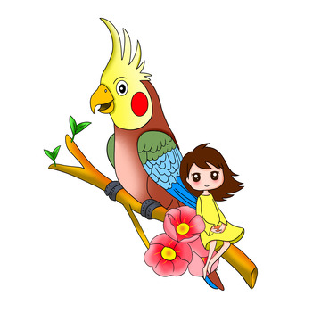 手绘鹦鹉少女童话场景插画