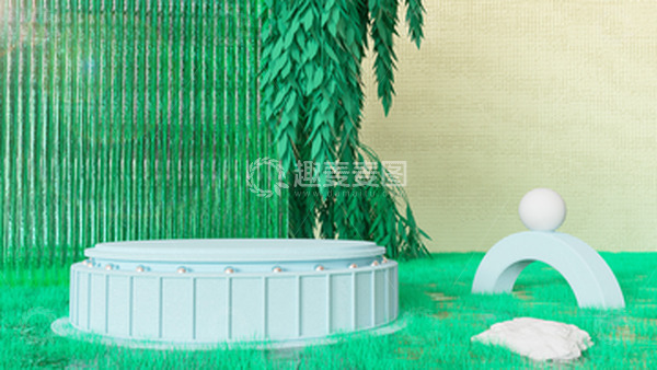 源文件下载【趣麦麦图】绿色小清新3D立体简约风电商展台背景