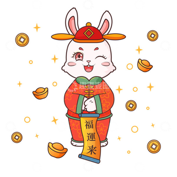 源文件下载【趣麦麦图】新年喜庆兔子拜年铜钱元宝手绘插画