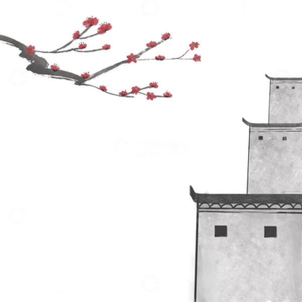 源文件下载【趣麦麦图】手绘中国风水墨梅花国画白墙黑瓦徽派建筑