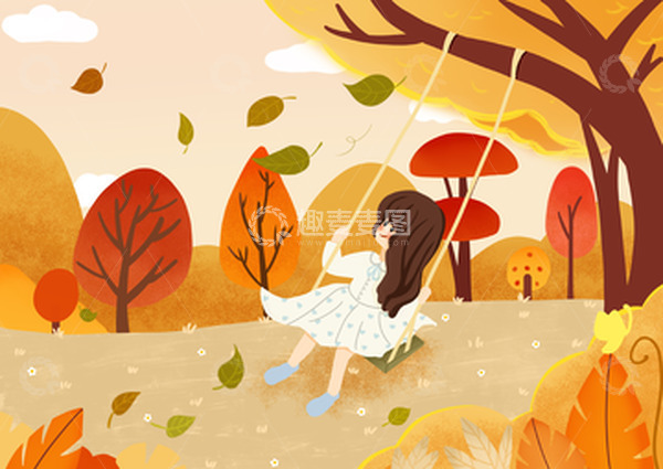 源文件下载【趣麦麦图】橙色唯美树下秋日荡秋千的小女孩手绘图