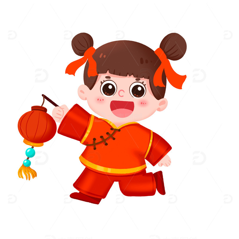 源文件下载【趣麦麦图】女孩新年元宵节拿着灯笼奔跑元素