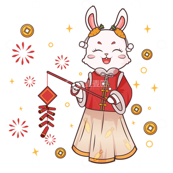 源文件下载【趣麦麦图】新年喜庆放鞭炮小兔子手绘氛围感插画