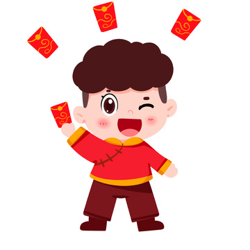 手绘男孩新年开心撒红包免抠元素