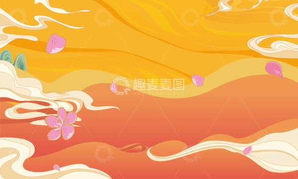 源文件下载【趣麦麦图】黄红橙暖色系国潮飘花瓣元宵背景插画
