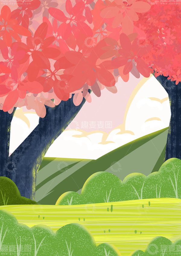 源文件下载【趣麦麦图】-绿色春天踏青手绘肌理插画背景