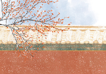 手绘冬至下雪红墙梅花