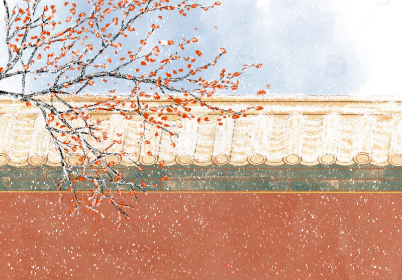 手绘冬至下雪红墙梅花