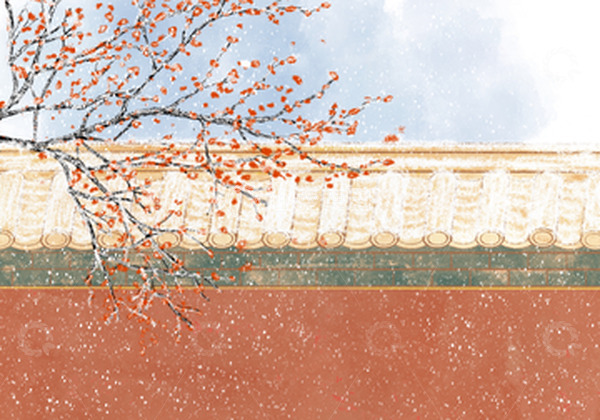 源文件下载【趣麦麦图】-手绘冬至下雪红墙梅花