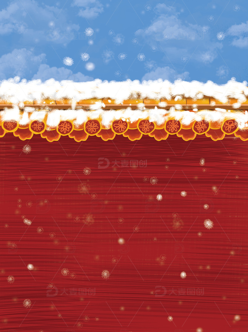 红色手绘冬季下雪红墙