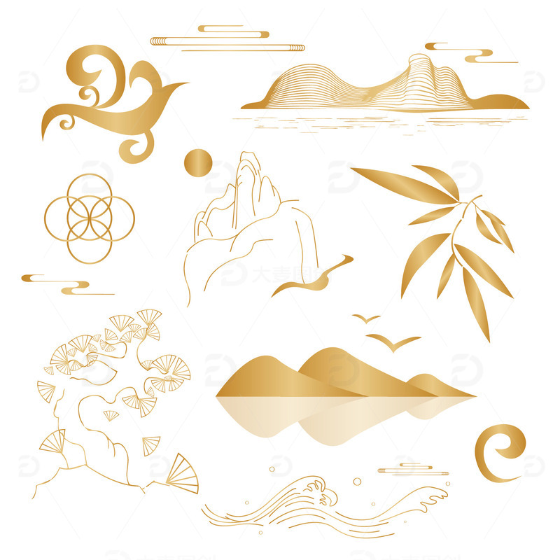 不规则中国风线条装饰山脉海浪元素