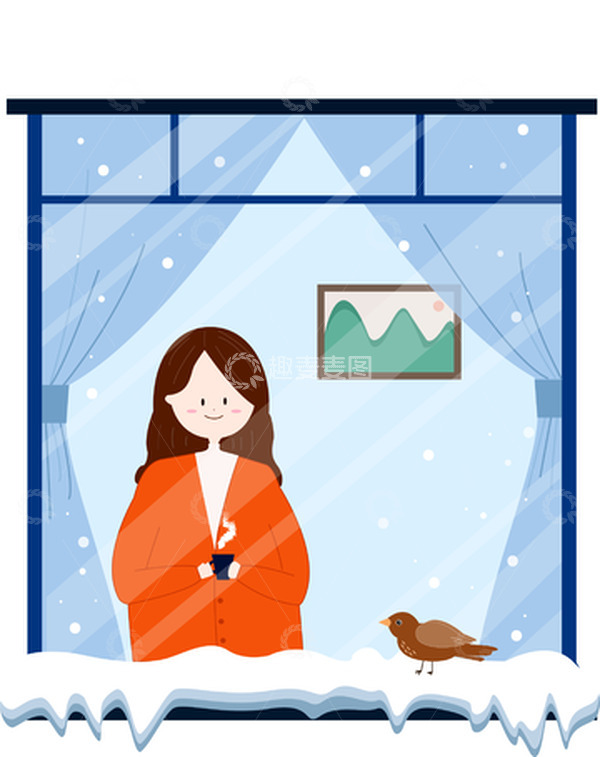 源文件下载【趣麦麦图】蓝色卡通冬天可爱女孩窗边下雪图