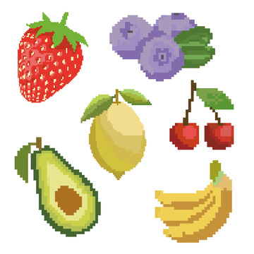 手绘像素水果草莓蓝莓柠檬