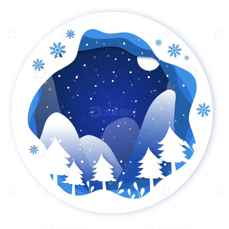 源文件下载【趣麦麦图】淡雅小清新冬季下雪户外风景剪纸插画