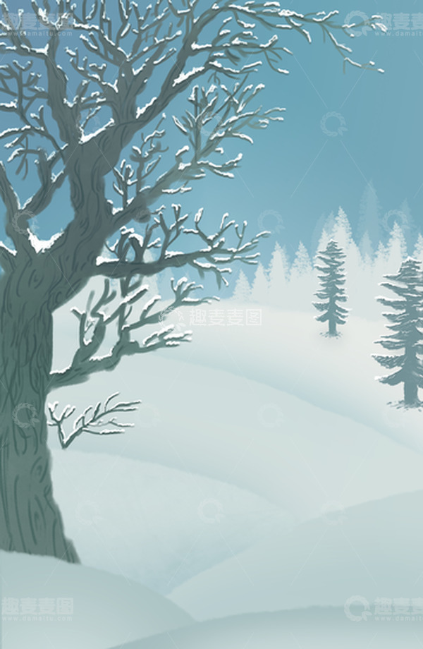 源文件下载【趣麦麦图】蓝色渐变冬至雪景手绘插画