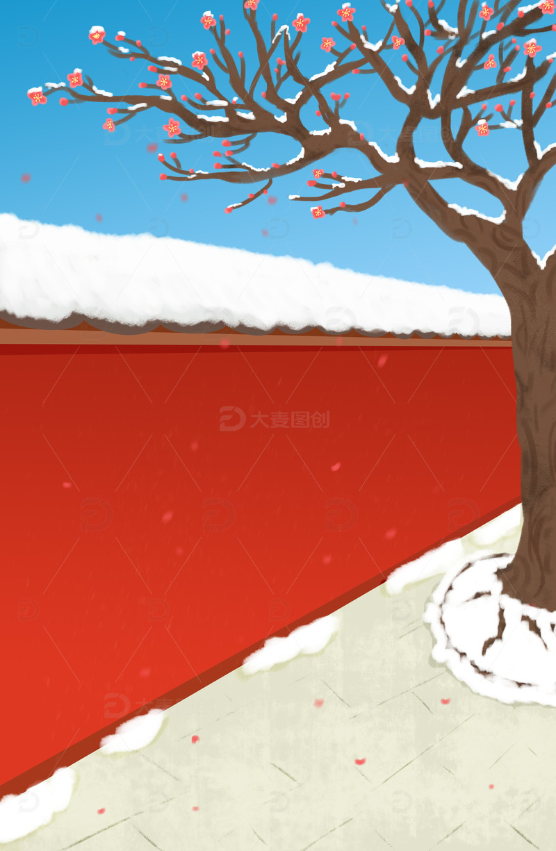 源文件下载【趣麦麦图】红墙红梅花国潮冬至背景