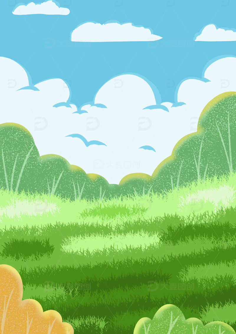 绿色草地春天手绘卡通风景插画背景