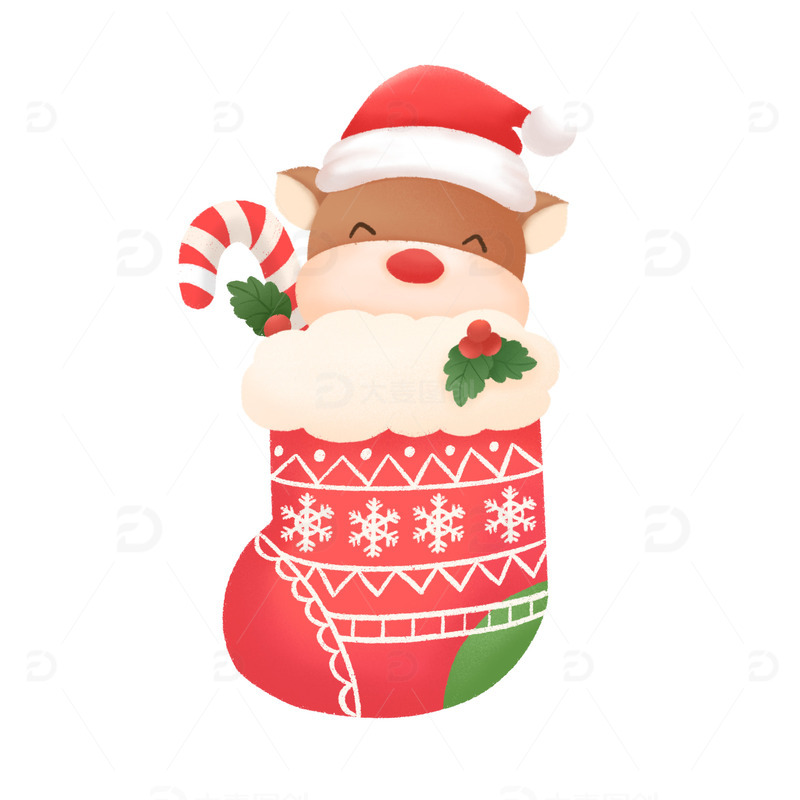 手绘可爱圣诞节装饰袜子里的麋鹿