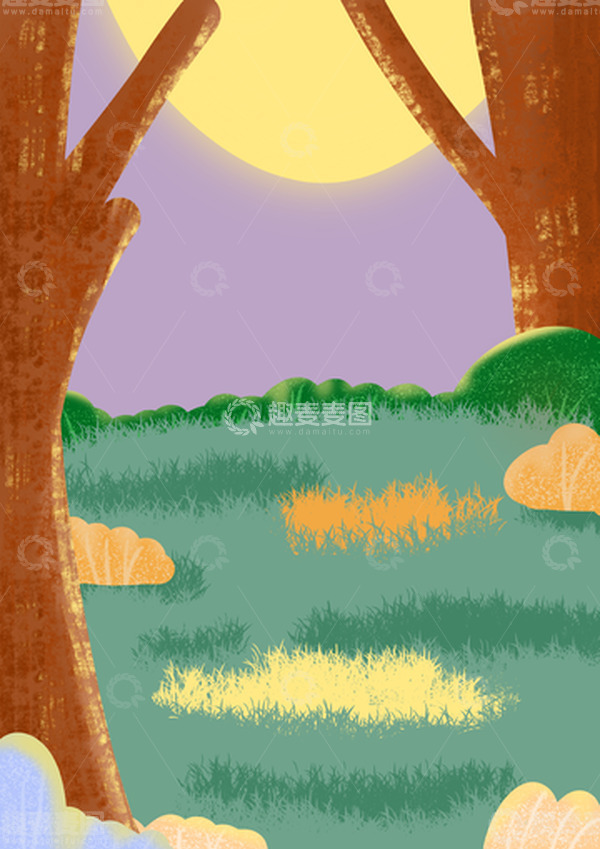 源文件下载【趣麦麦图】绿色草地月亮手绘插画背景