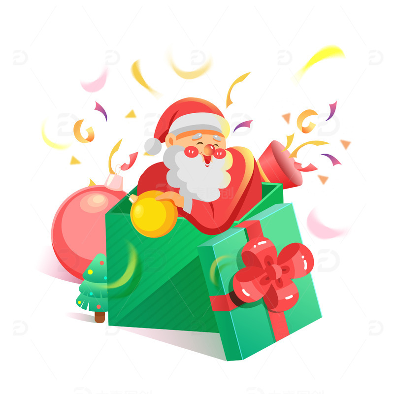 小清新圣诞节礼物彩色飘带圣诞老人手绘插画