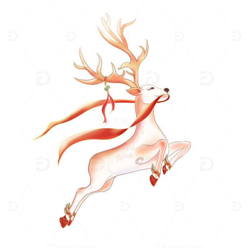 手绘国潮风梅花鹿鹿国潮圣诞动物素材