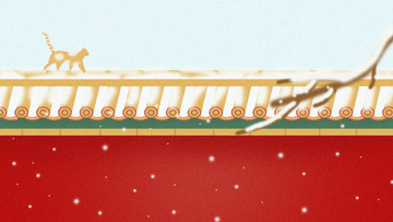 红色故宫国潮墙噪点肌理猫咪雪景背景