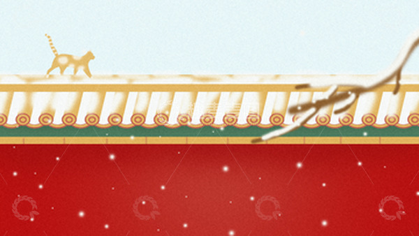 源文件下载【趣麦麦图】红色故宫国潮墙噪点肌理猫咪雪景背景