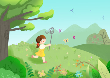 绿色卡通手绘小女孩抓蝴蝶