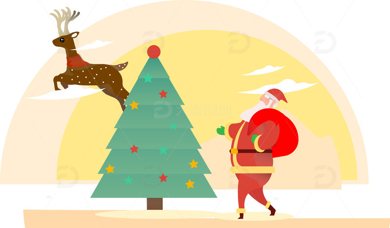 红色棕色卡通插画圣诞老人送礼物圣诞精品