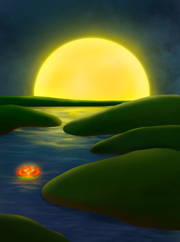 小清新手绘夜晚月夜河岸背景图