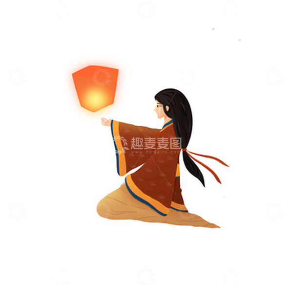 源文件下载【趣麦麦图】手绘小清新汉服曲裾古装美人垂泪放孔明灯