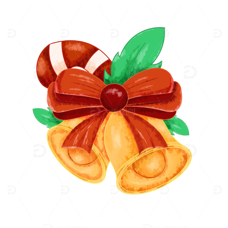 手绘水彩风圣诞铃铛糖果叶子装饰元素