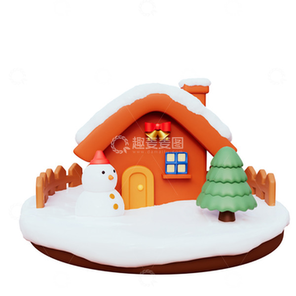 源文件下载【趣麦麦图】3D卡通圣诞节小屋场景冬天雪地雪人圣诞树