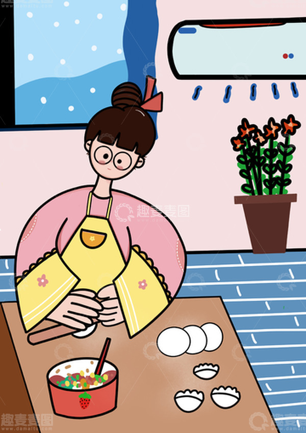 源文件下载【趣麦麦图】扁平风冬至包饺子场景插画