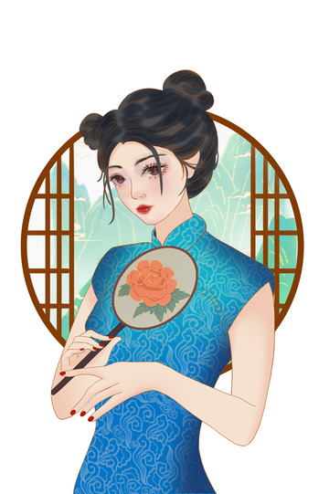 小清新民国风新国潮女生手绘图