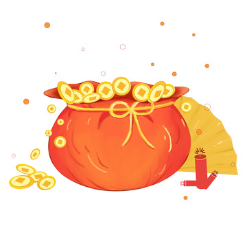 元旦春节元宵福袋钱袋铜钱手绘插画元素