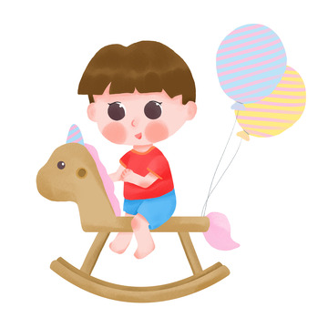 儿童男孩骑木马气球童真成长手绘元素