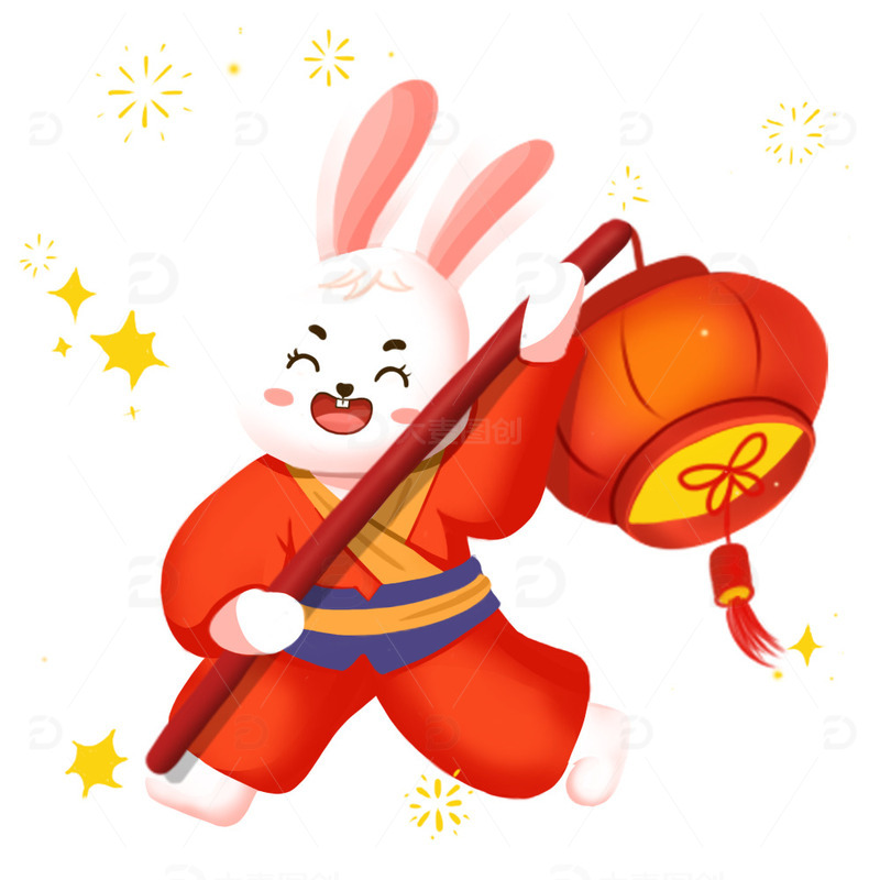 喜庆红色兔子提灯笼手绘元素