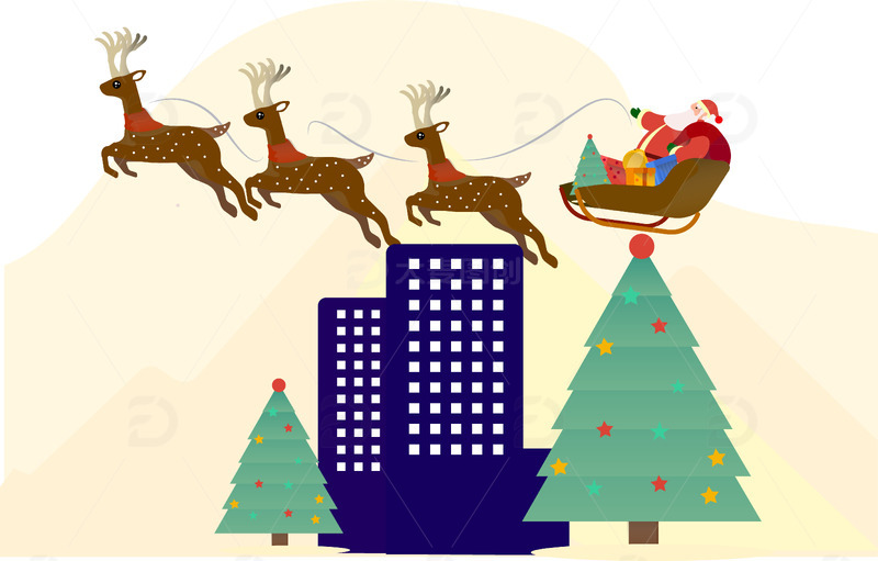 棕色红色动画插画风格圣诞节圣诞老人麋鹿