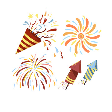手绘卡通新年元旦烟花爆竹庆祝彩色装饰元素