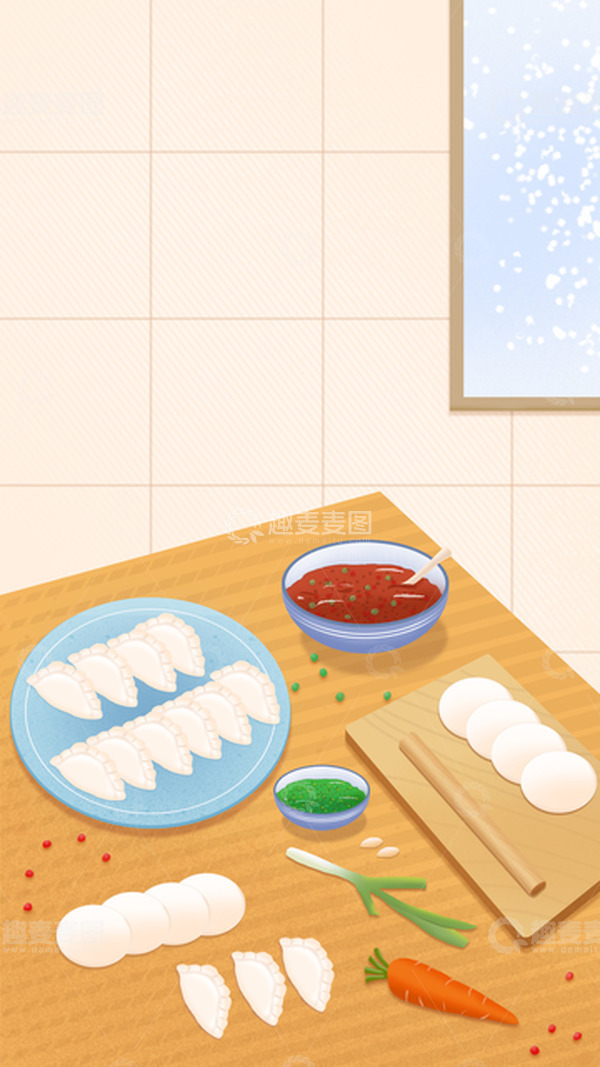 源文件下载【趣麦麦图】包饺子手绘插画冬至饺子背景