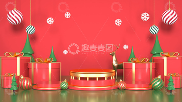 源文件下载【趣麦麦图】红色3D圣诞节背景圣诞树麋鹿