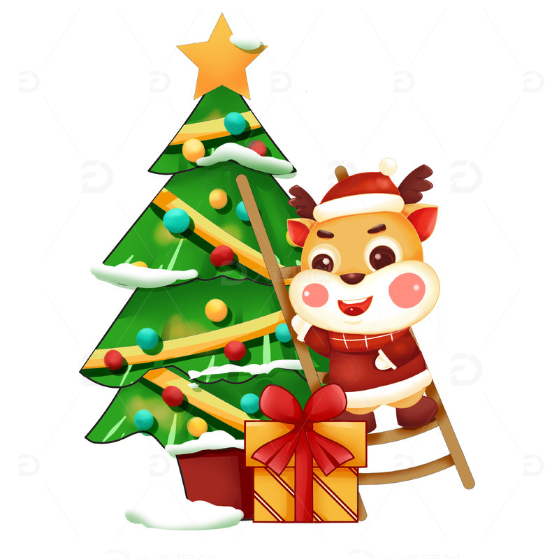 手绘圣诞节小鹿圣诞树卡通形象IP元素