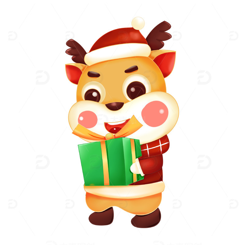 手绘圣诞节小鹿拿礼物卡通形象IP元素