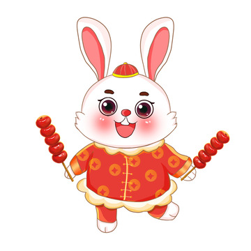 红色元旦兔年新年卡通国潮兔子冰糖葫芦
